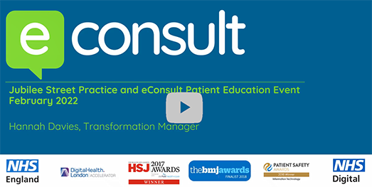 Image with a link to a video clip on how to use e-Consult 
