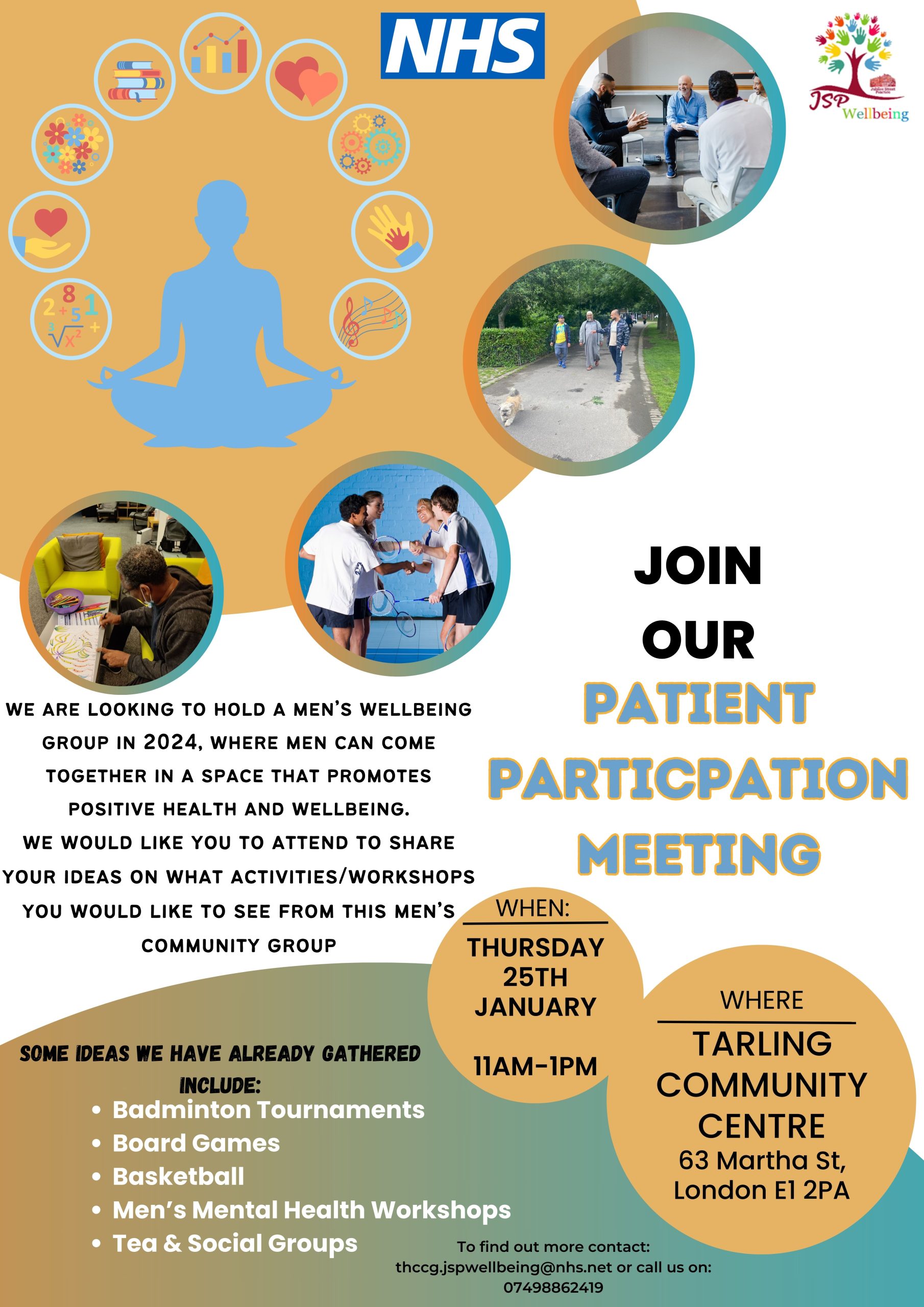 we are looking to hold a men’s wellbeing group in 2024, where men can come together in a space that promotes positive health and wellbeing. we would like you to attend to share your ideas on what activities/workshops you would like to see from this men’s community group 